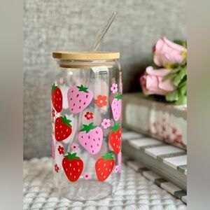 New Pink & Red Strawberries Clear Glass Drink Cup w/ Wood Lid & Glass Straw 16oz